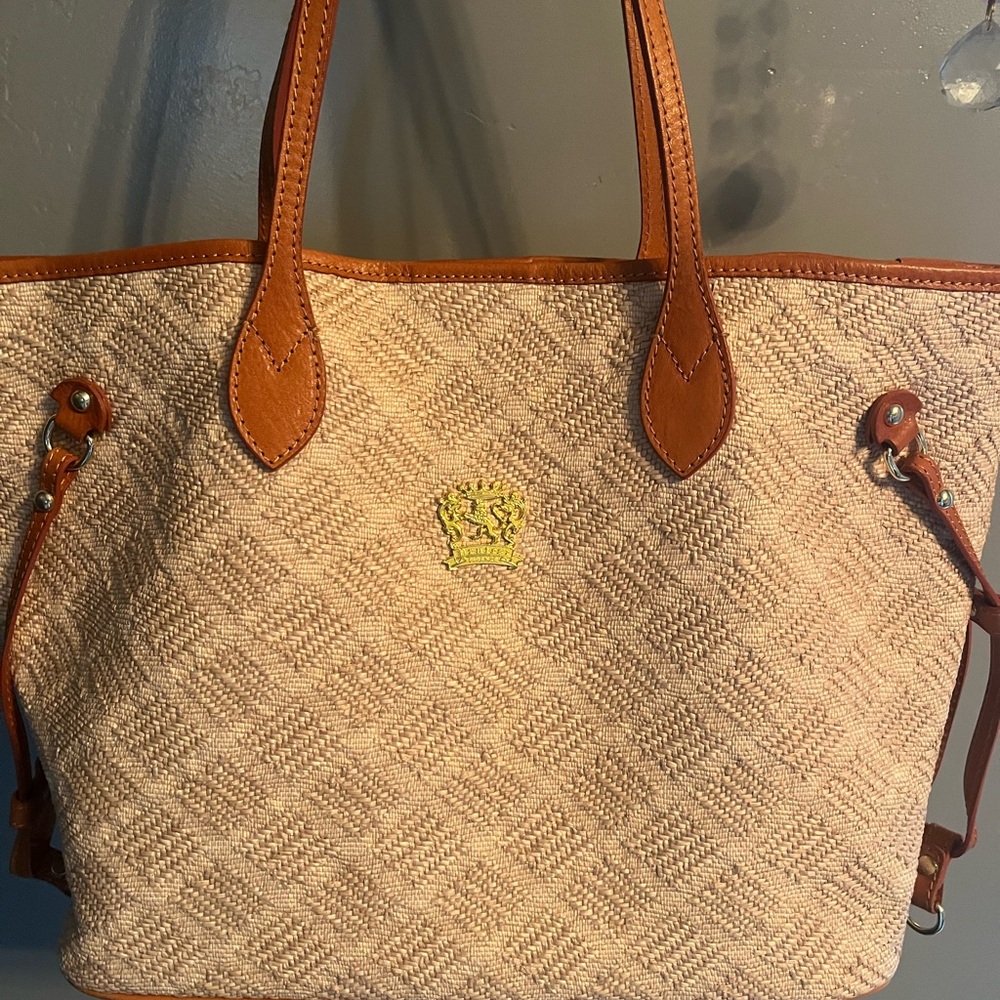 Tan and Brown Geometric Tote with Leather Accents